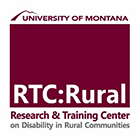 Logo of RTC: Rural. Research and Training Center on Disability in Rural Communities. The University of Montana. RTC: Rural is in white on rust background; Research and Training Center is rust on white background. Disability in Rural Communities is black on white background. University of Montana is rust on white background with the outline of a mountain