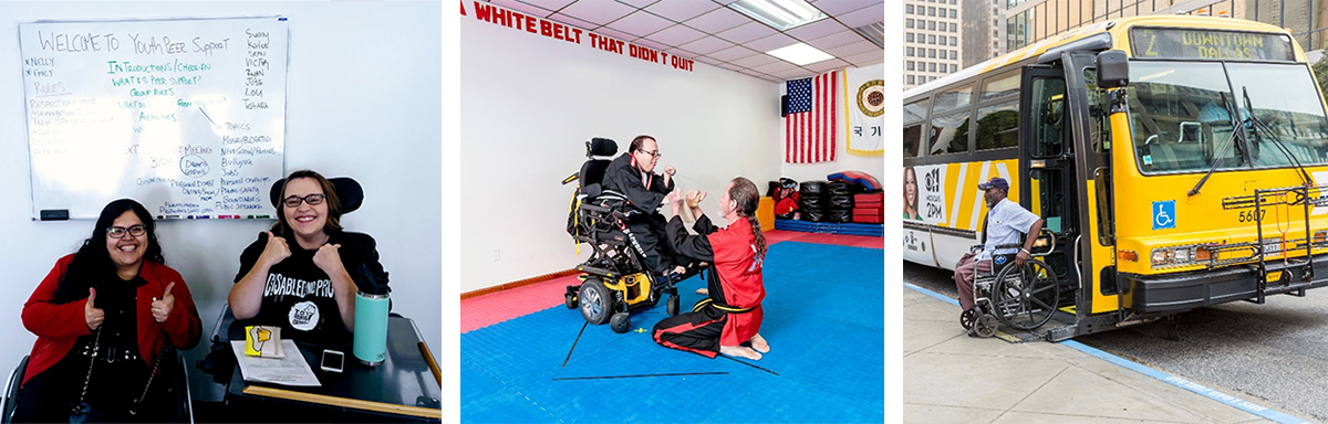A series of 3 images. On the left, there are two young women using wheelchairs and giving the thumbs up. In the center, there is a male wheelchair user in a martial arts studio, practicing the martial arts with his teacher. The right hand photo shows a male wheelchair user disembarking a city bus in Dallas