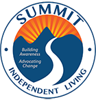 Summit Independent Living Logo. Building awareness. Advocating change. Animation of a white path through a blue mountain landscape with red, orange, and yellow rays of light at the summit. 