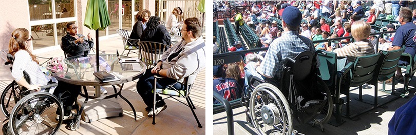In the first photo, six people are seated at an outdoor patio with a green umbrella. One of them is a wheelchair user. The second photo shows a wheelchair user at a crowded baseball game